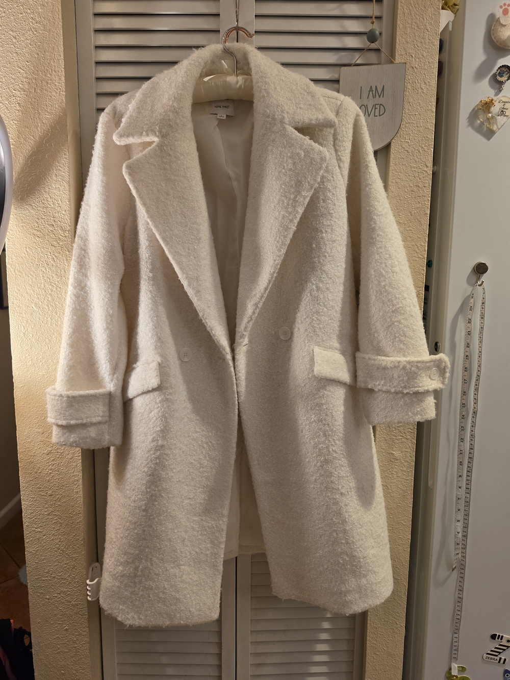 Nine West Women's Cream Bouclé Long Coat - Elegant Winter Jacket Large